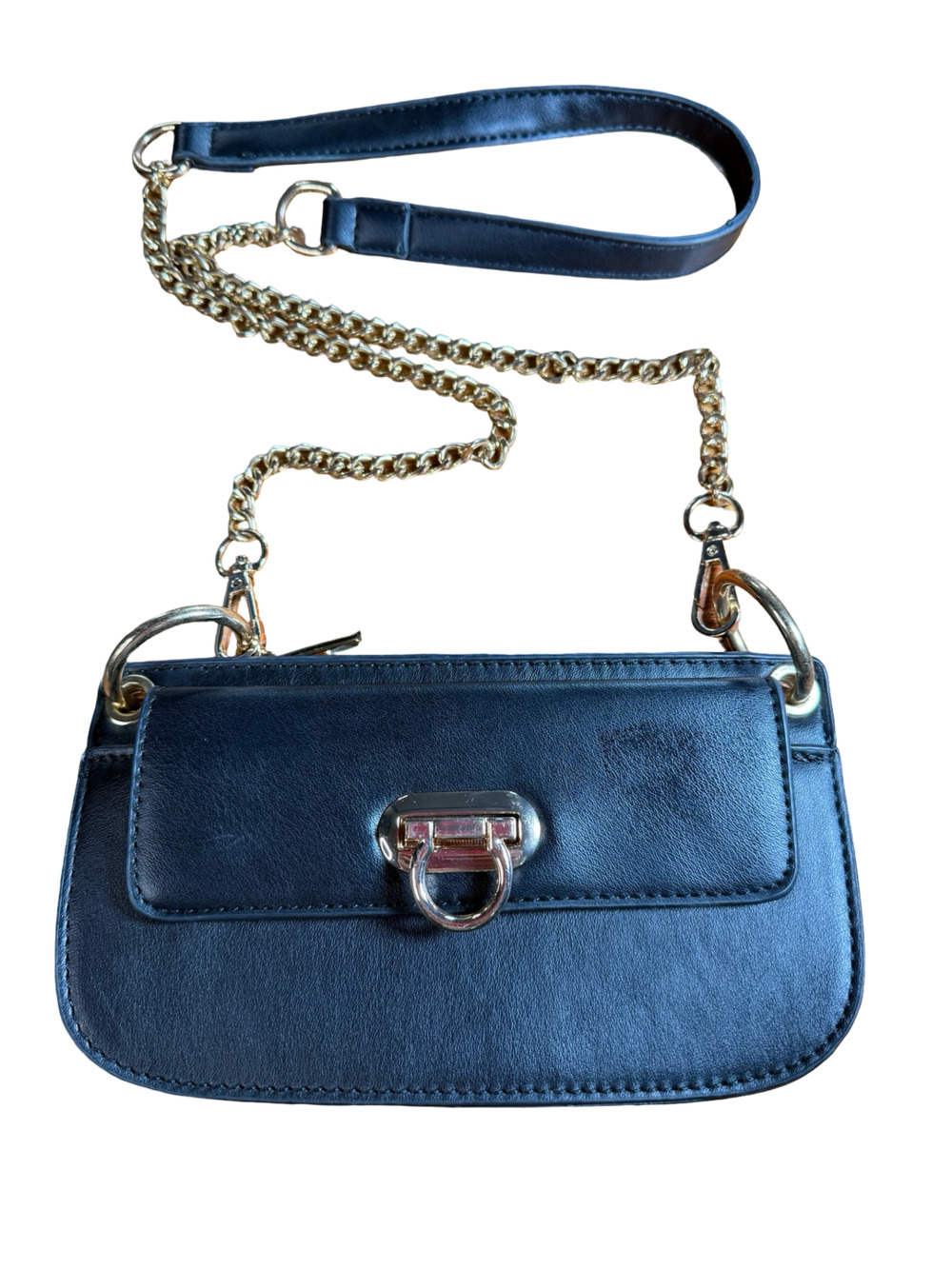 Black Leather Crossbody Bag Gold Chain Strap Turn-Lock